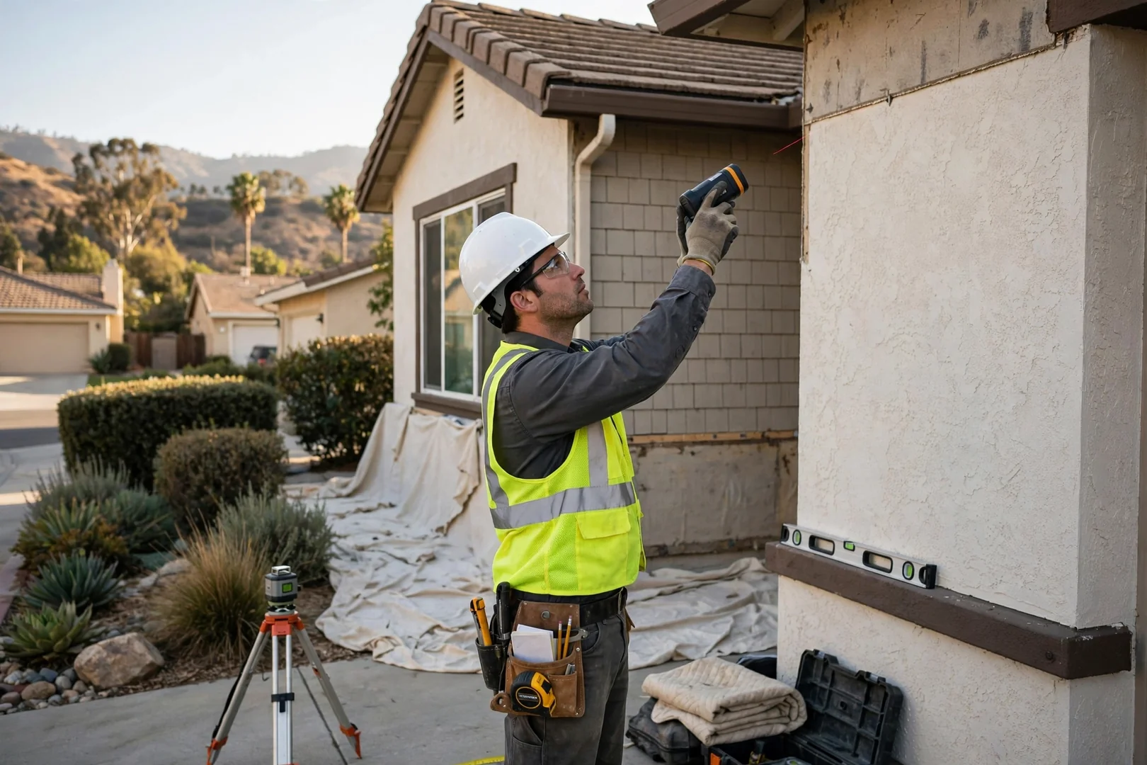 Contractor measuring exterior wall elevation while preparing a fiber cement siding estimate