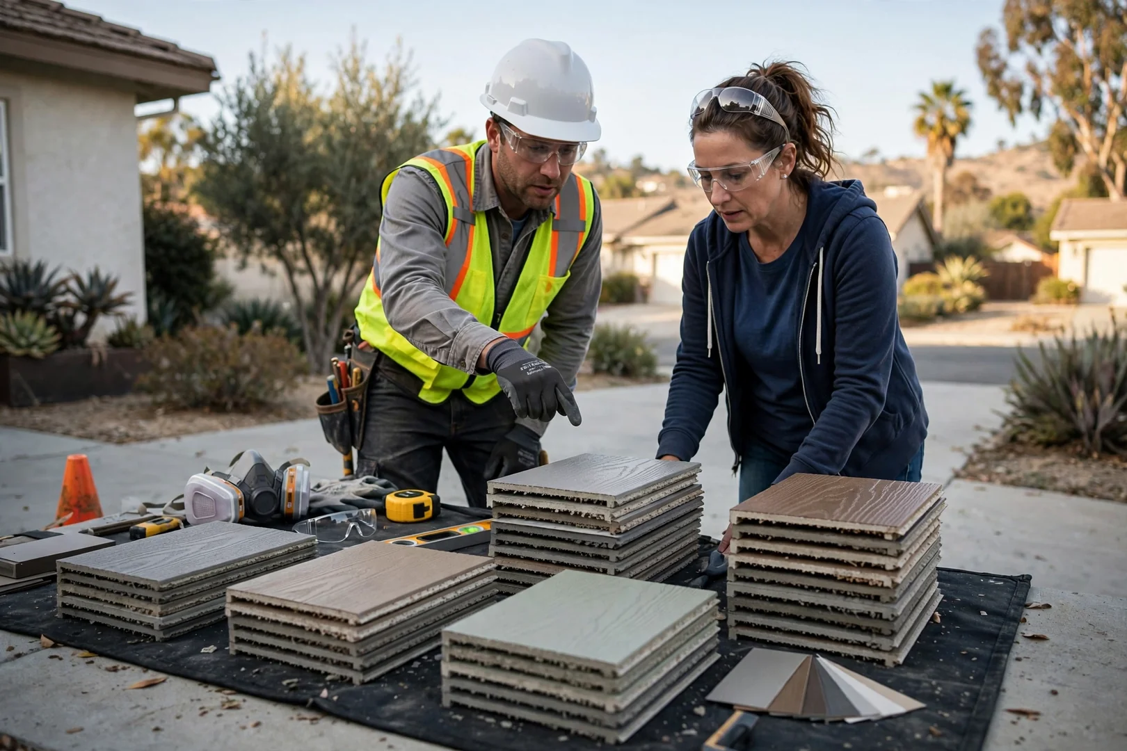 Stacked fiber cement plank samples and finish colors laid out for a homeowner review
