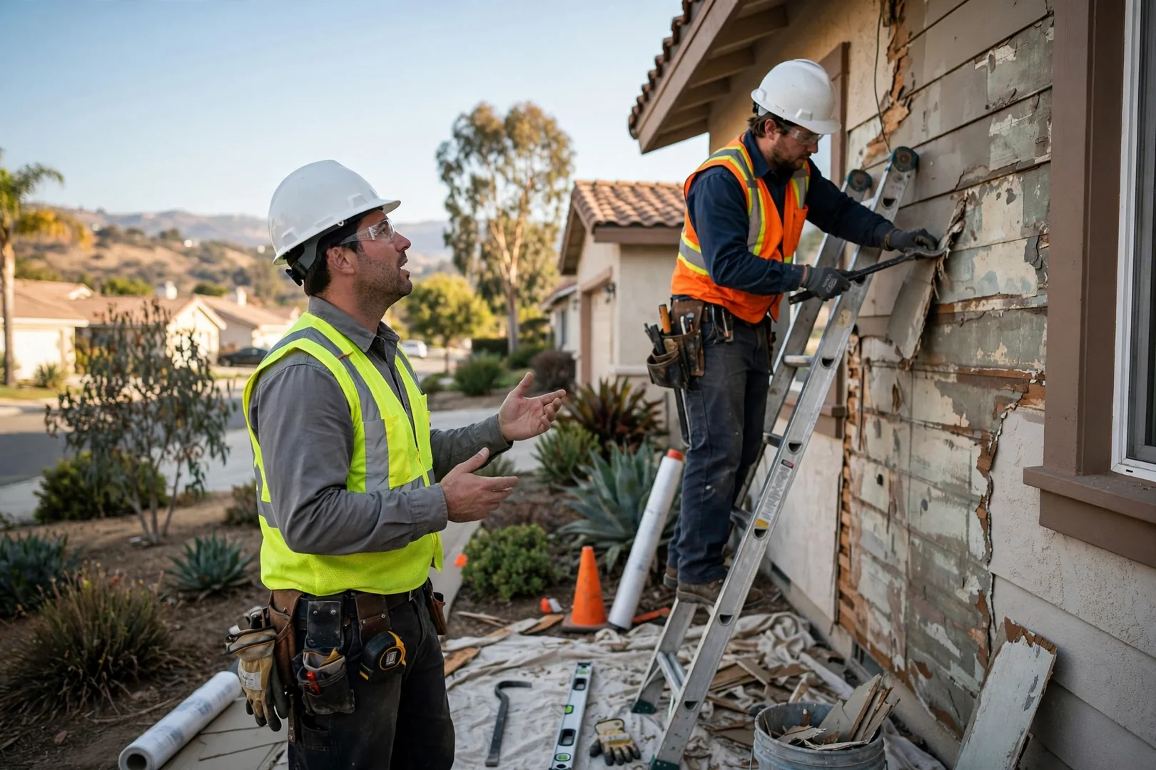 Siding crew installing fiber cement lap boards on a Diamond Bar hillside home exterior