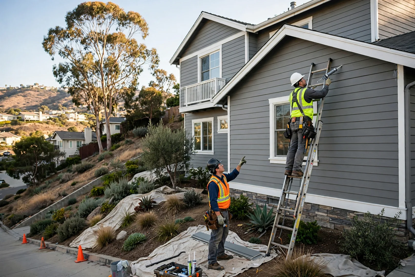 Finished two-story hillside home clad in gray fiber cement lap siding with white trim