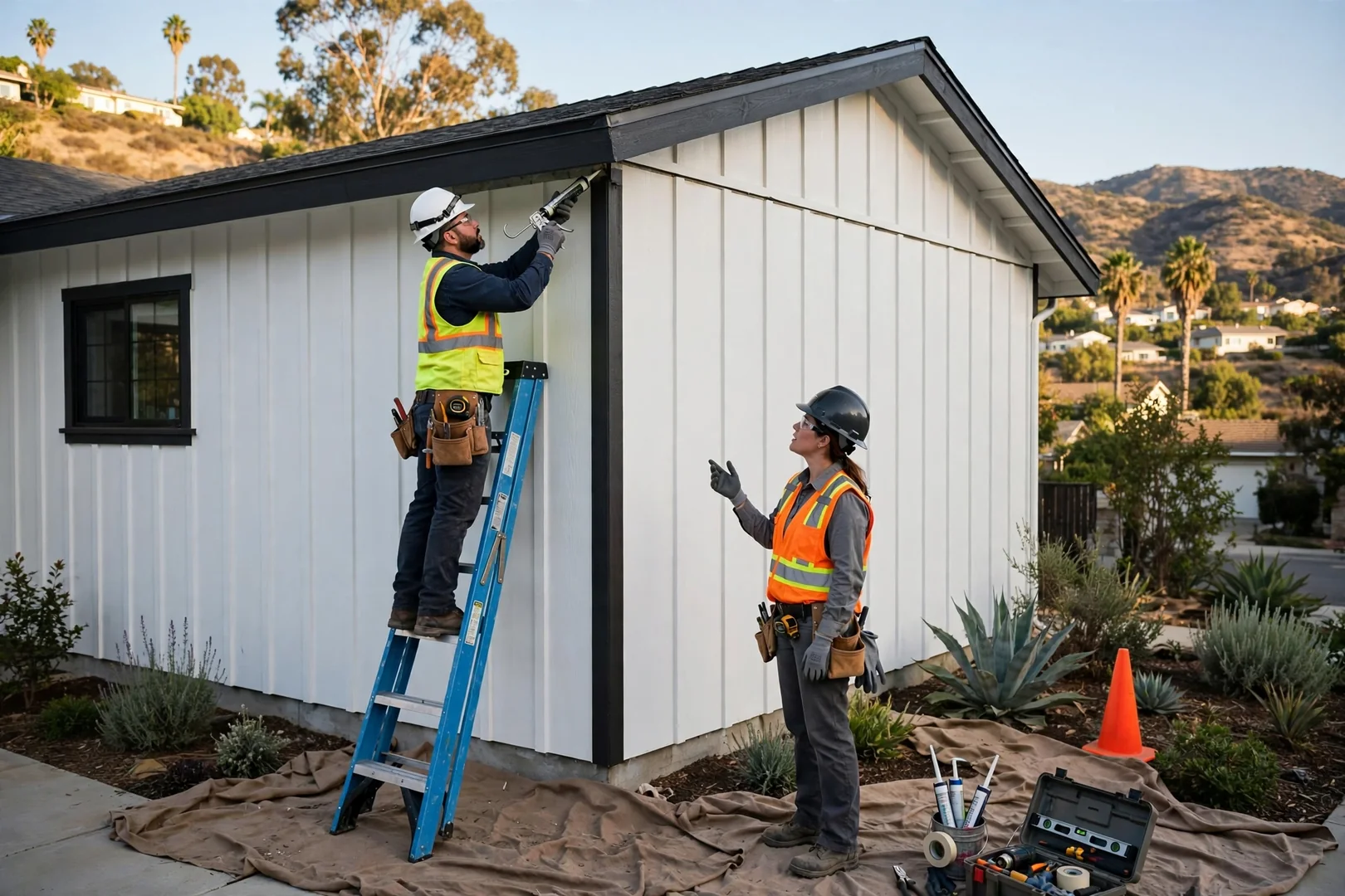 Front elevation with white board-and-batten fiber cement panels and dark exterior trim