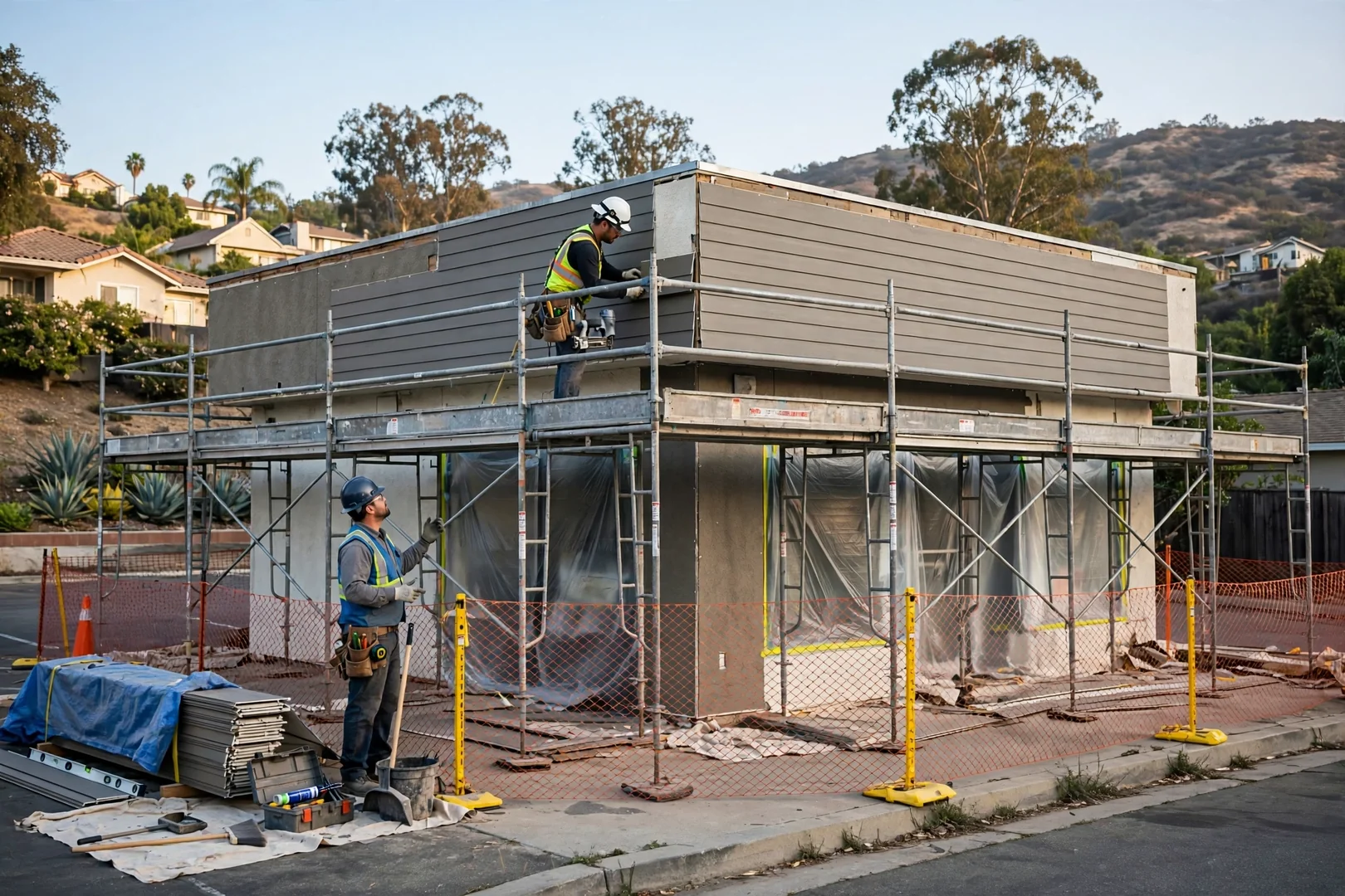 Small commercial building mid-installation with safety fencing and scaffolding in place