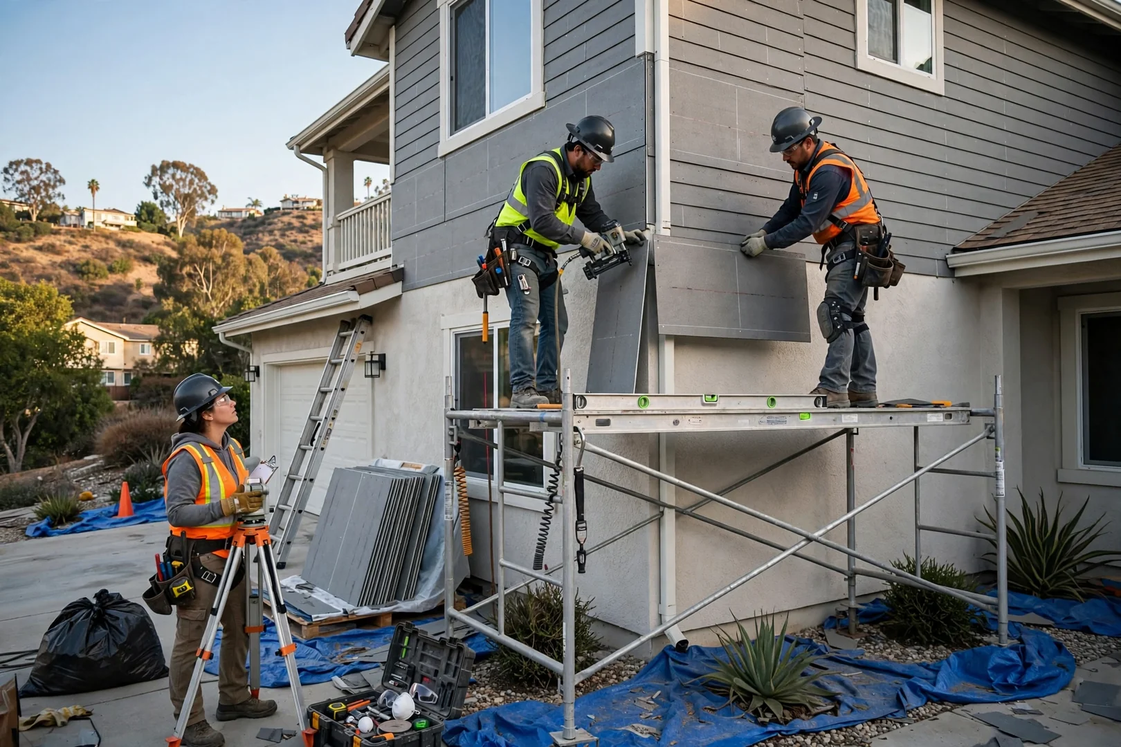 Siding installers securing fiber cement panels on a two-story Diamond Bar home