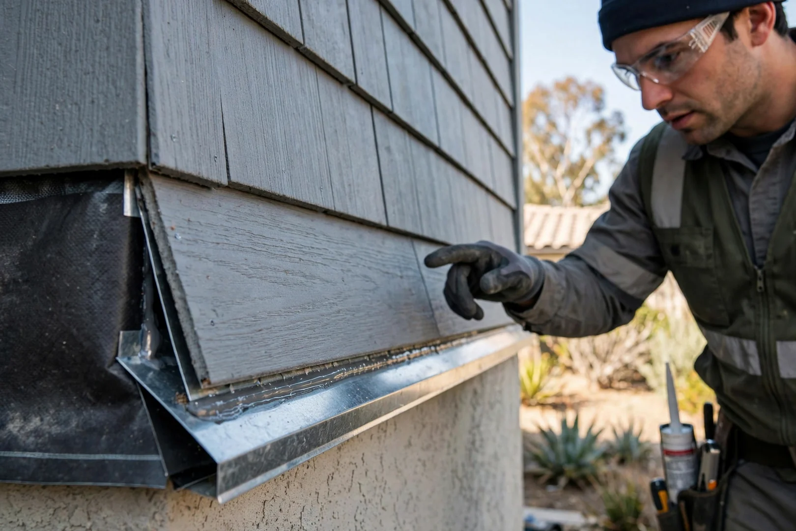 Close view of lapped siding joints and flashing detail on an exterior wall