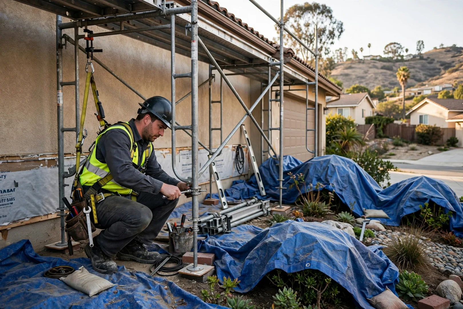 Crew member setting up secured scaffolding with landscaping covered for protection