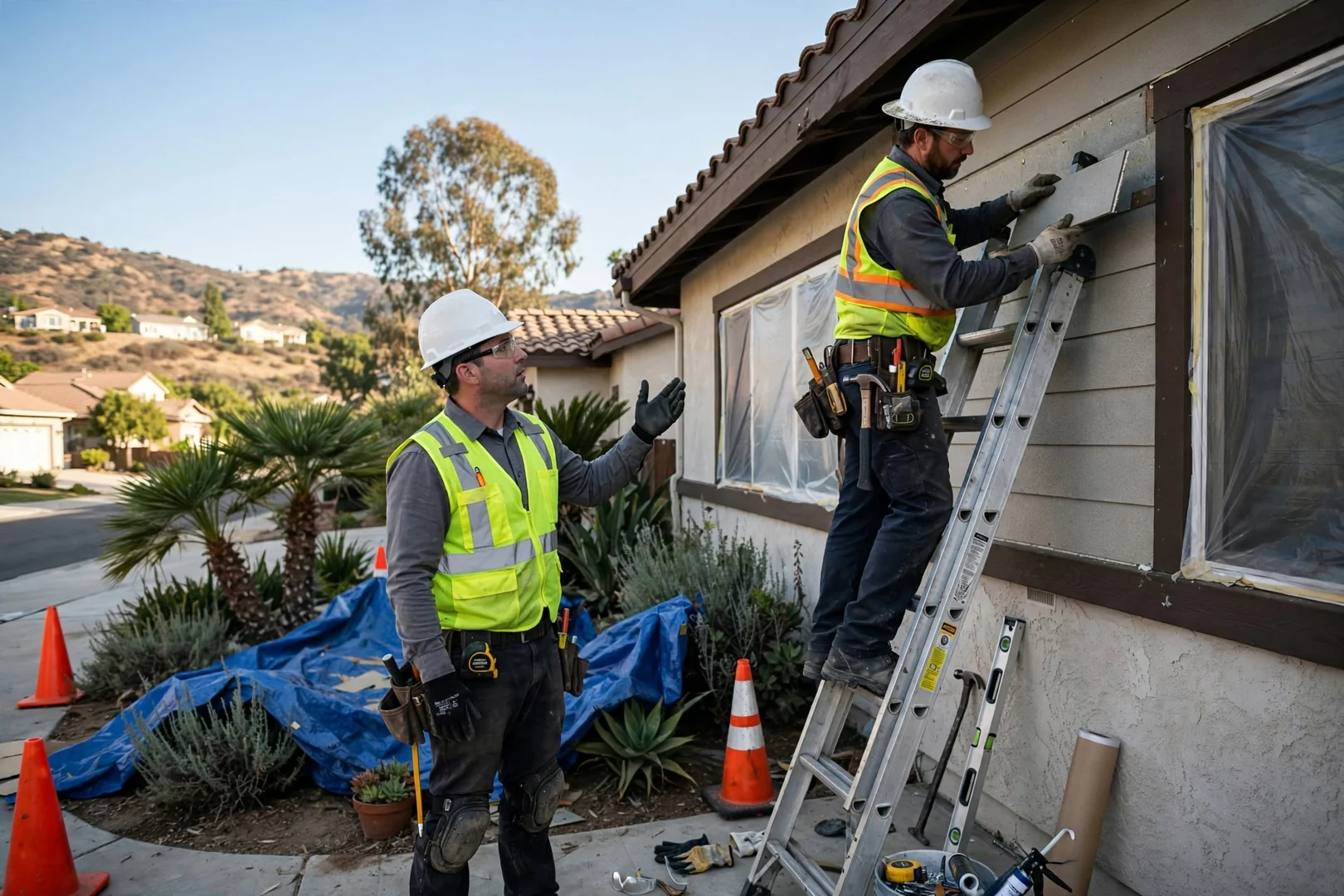 Technician checking wall sheathing during a siding replacement in Diamond Bar