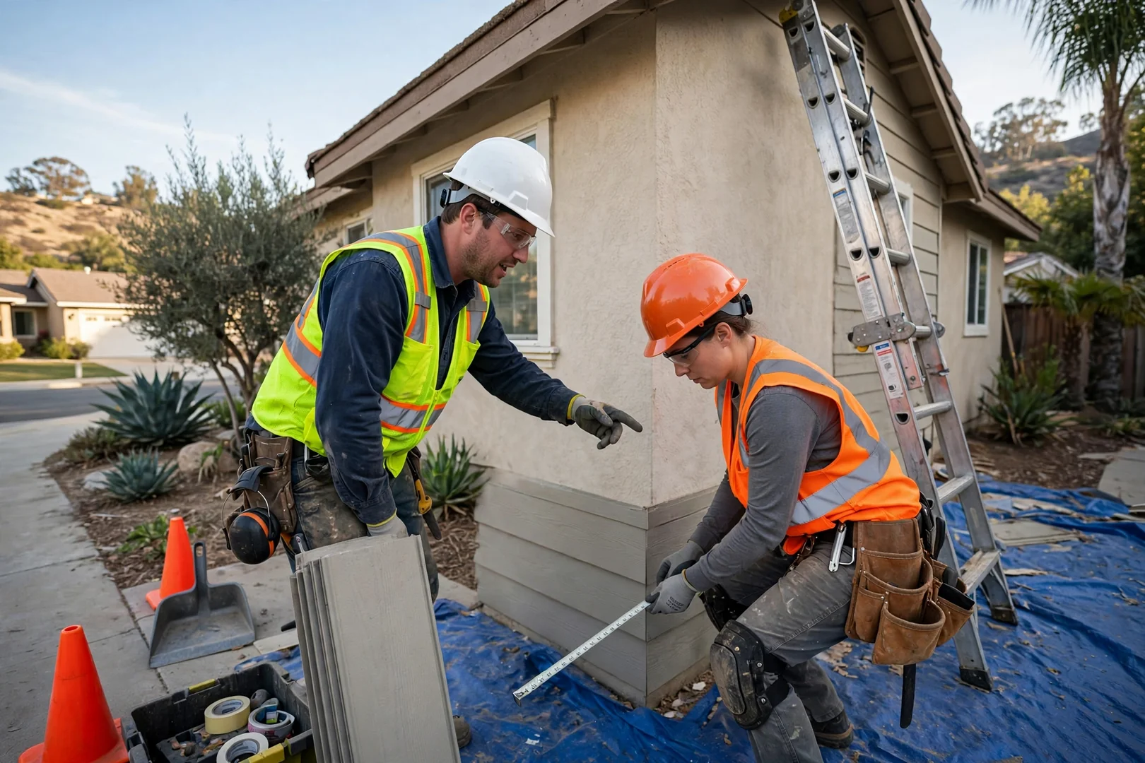 Siding contractor measuring an exterior wall while preparing a written estimate for a homeowner
