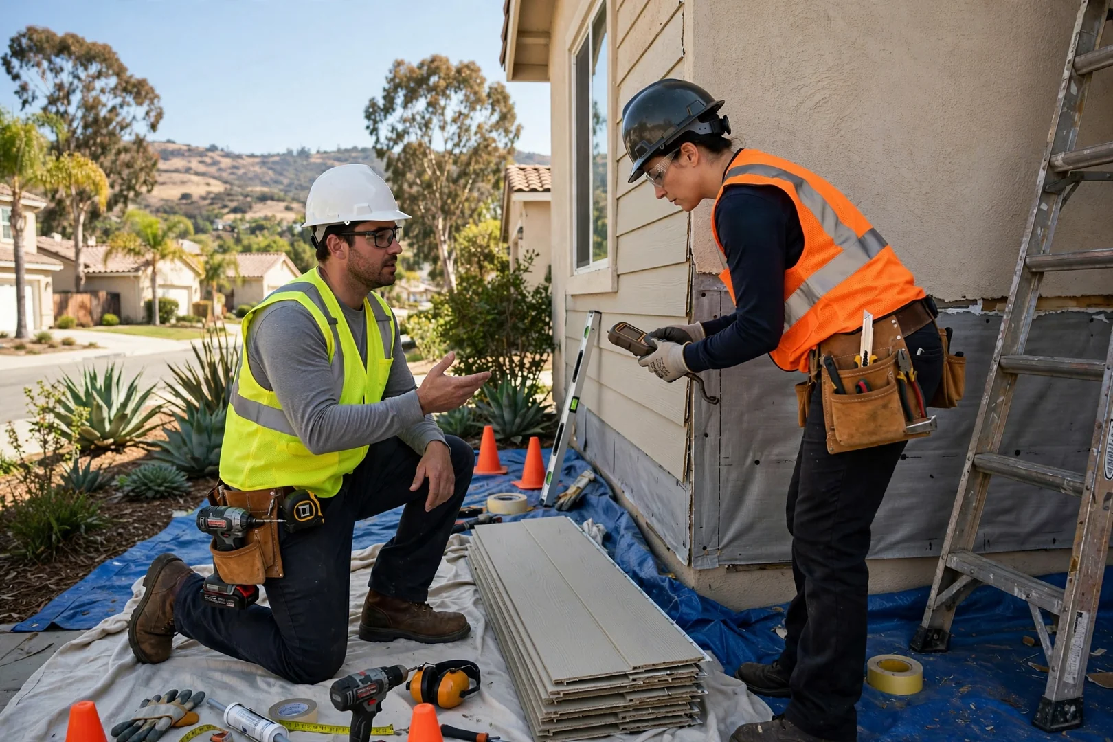 Siding contractor reviewing a written estimate with homeowners outside a Diamond Bar home