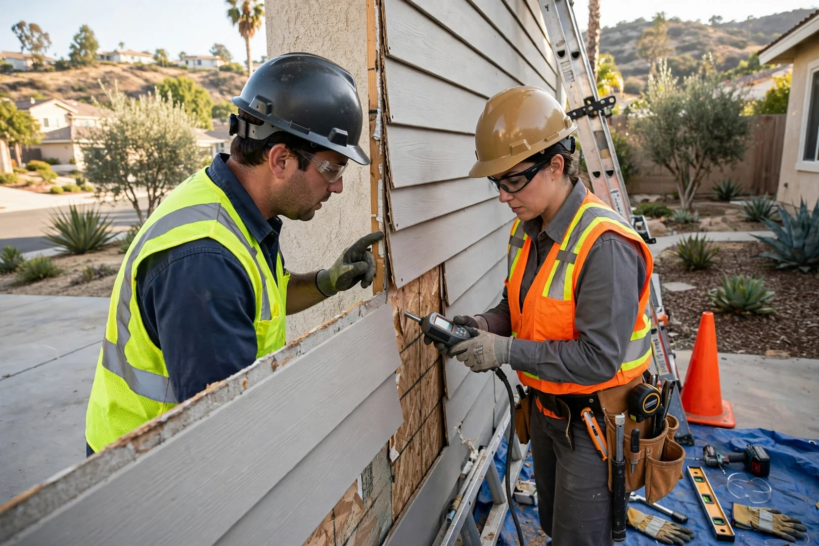 Siding crew reviewing fiber cement panel layout on a Diamond Bar hillside home