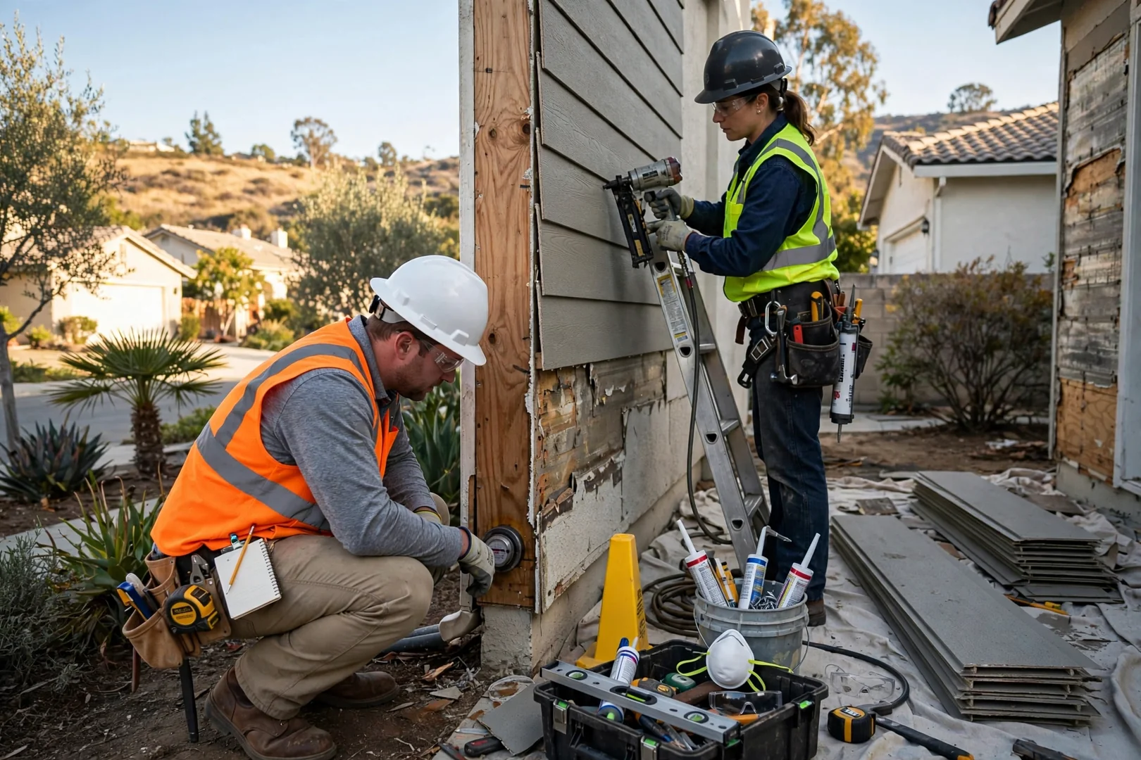 Siding crew installing fiber cement panels on a hillside Diamond Bar home exterior