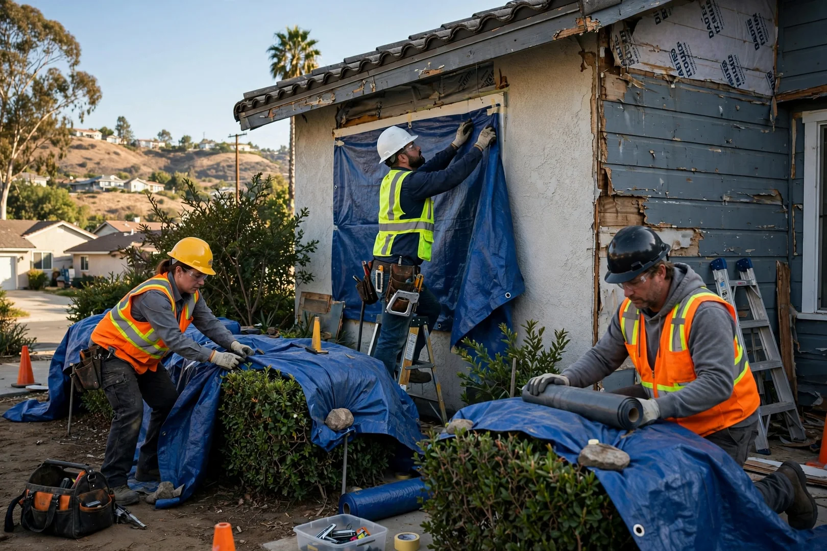 Crew covering shrubs and windows with protective tarps ahead of siding tear-off
