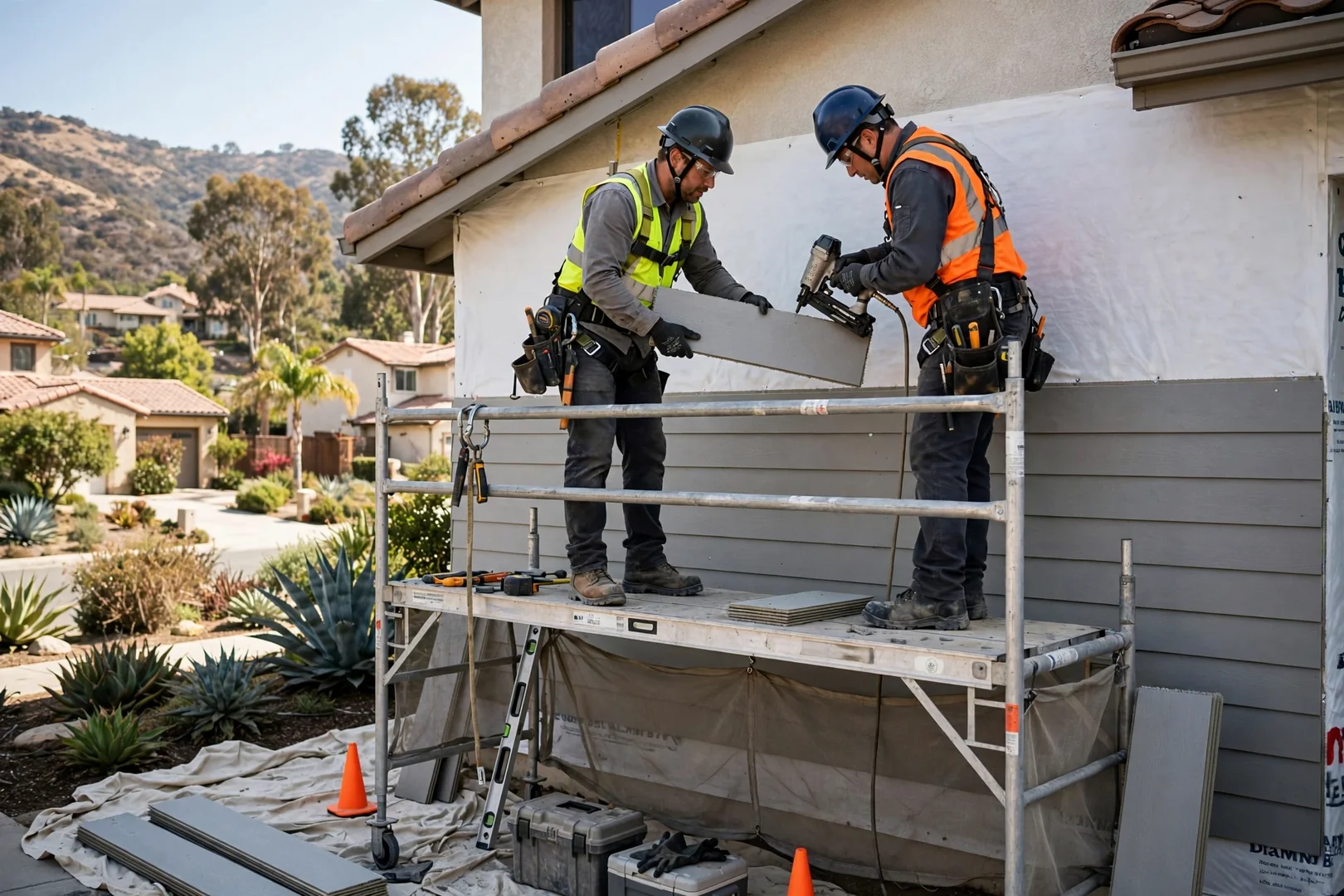 Installers fastening new fiber cement planks over house wrap on a two-story wall