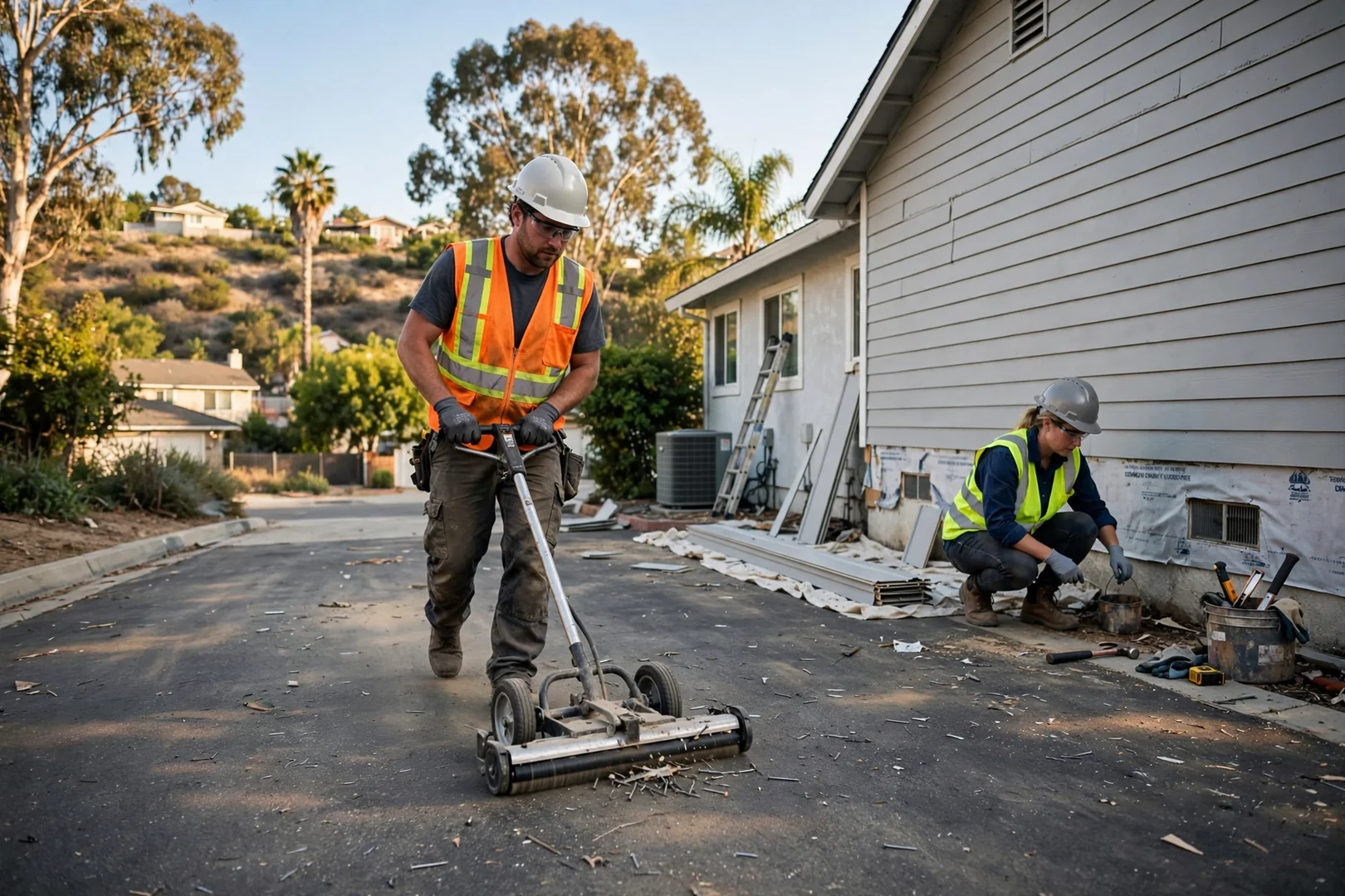 Magnetic nail sweep across a driveway during final siding project cleanup