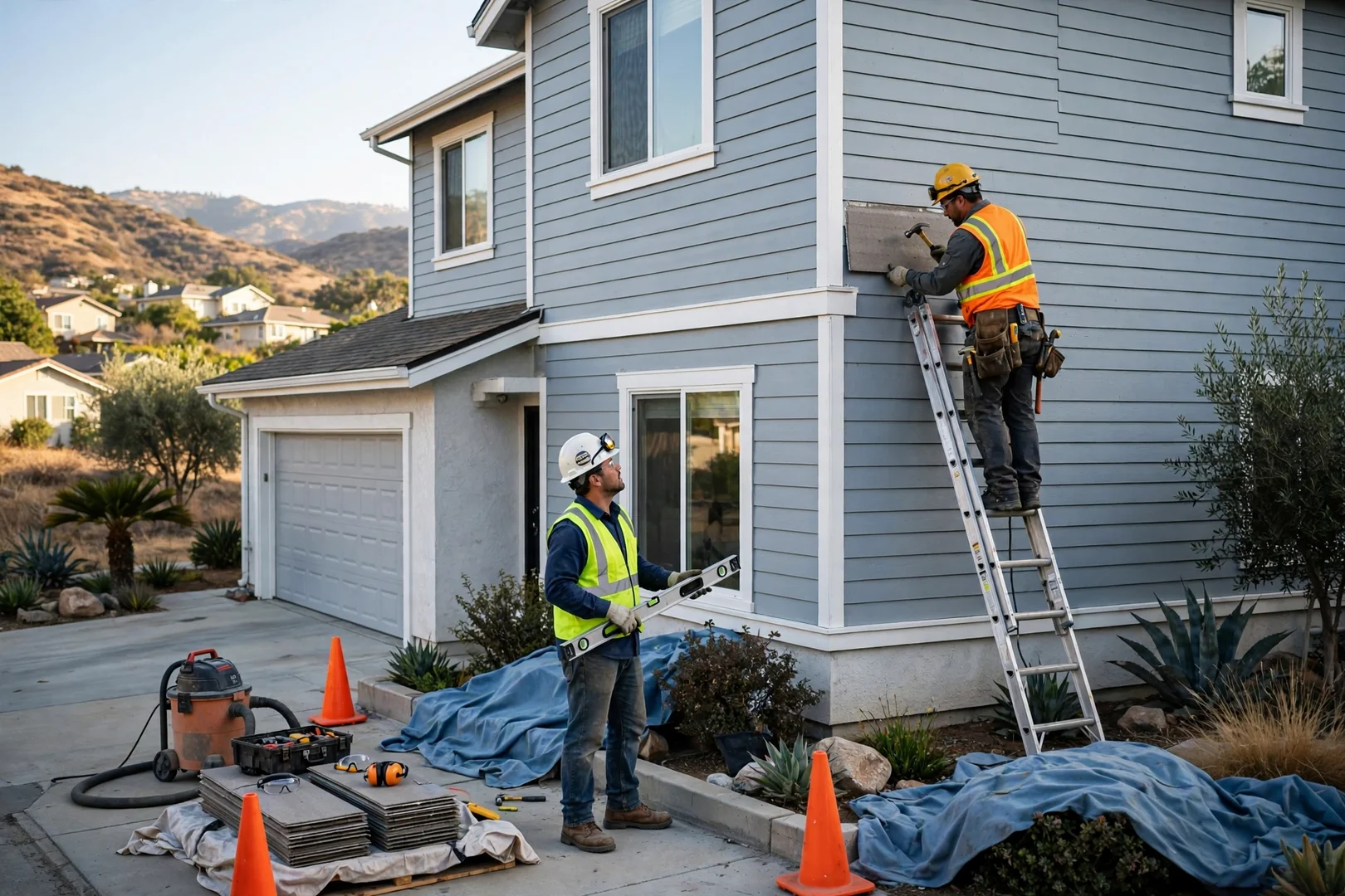 Fiber cement lap siding installed on a two-story Diamond Bar home with clean trim lines
