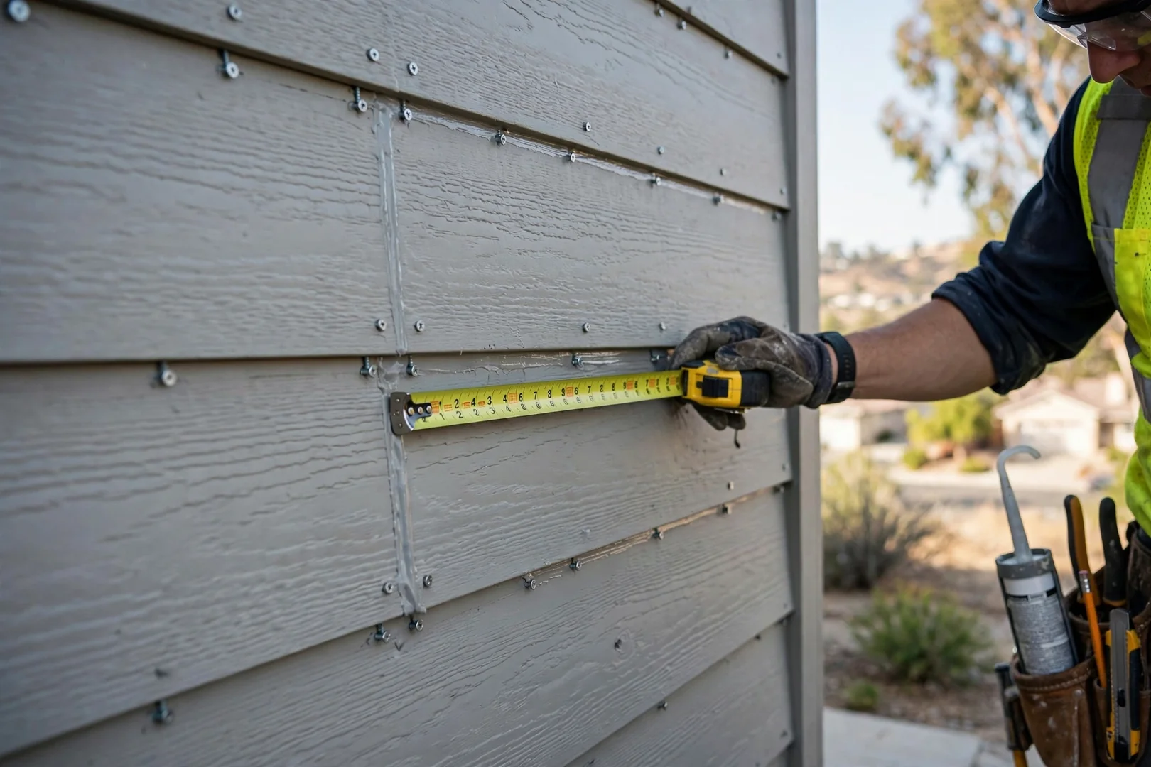 Close-up of overlapped fiber cement planks showing fastener spacing and painted seams
