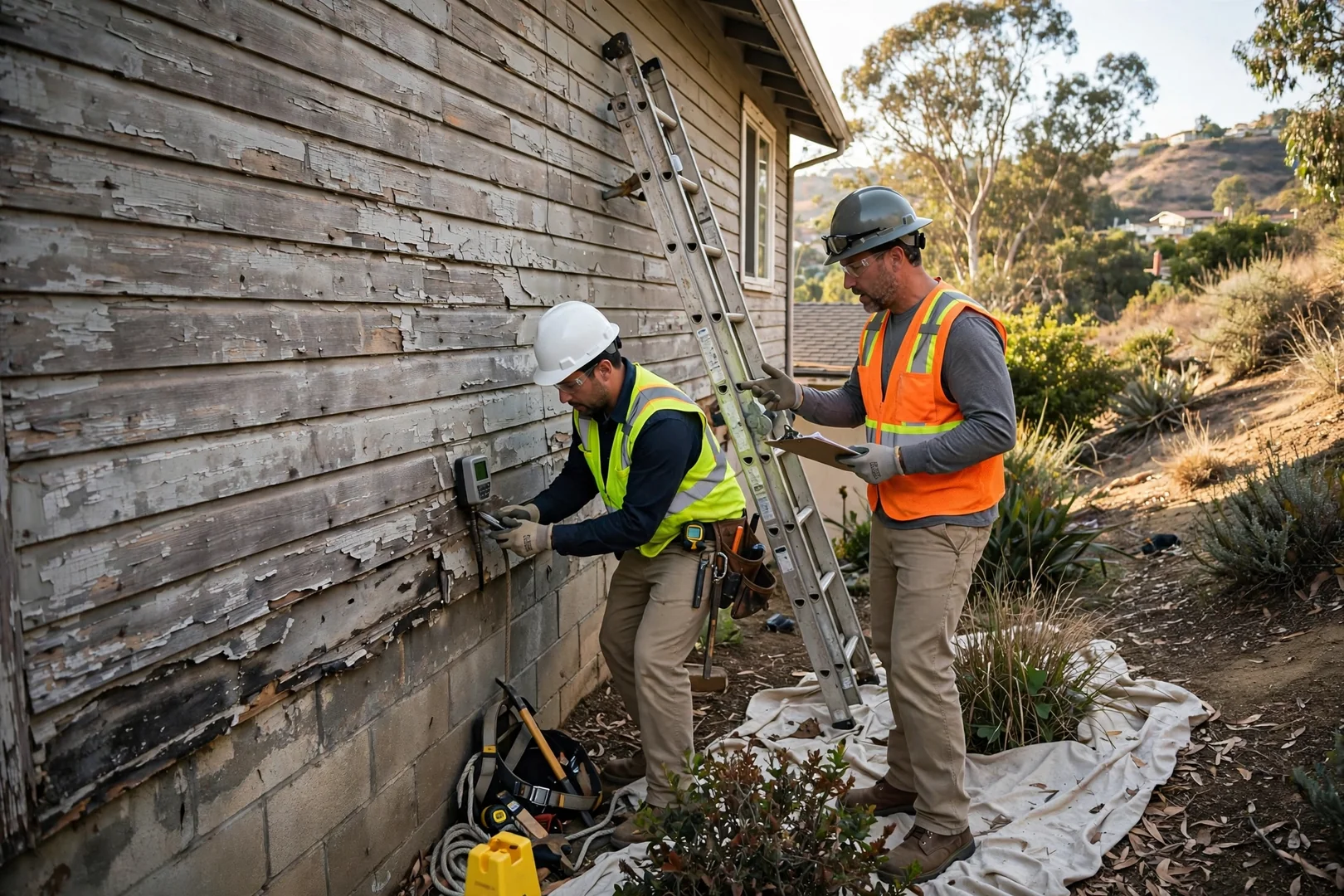 Weathered original siding on a hillside house before replacement work begins