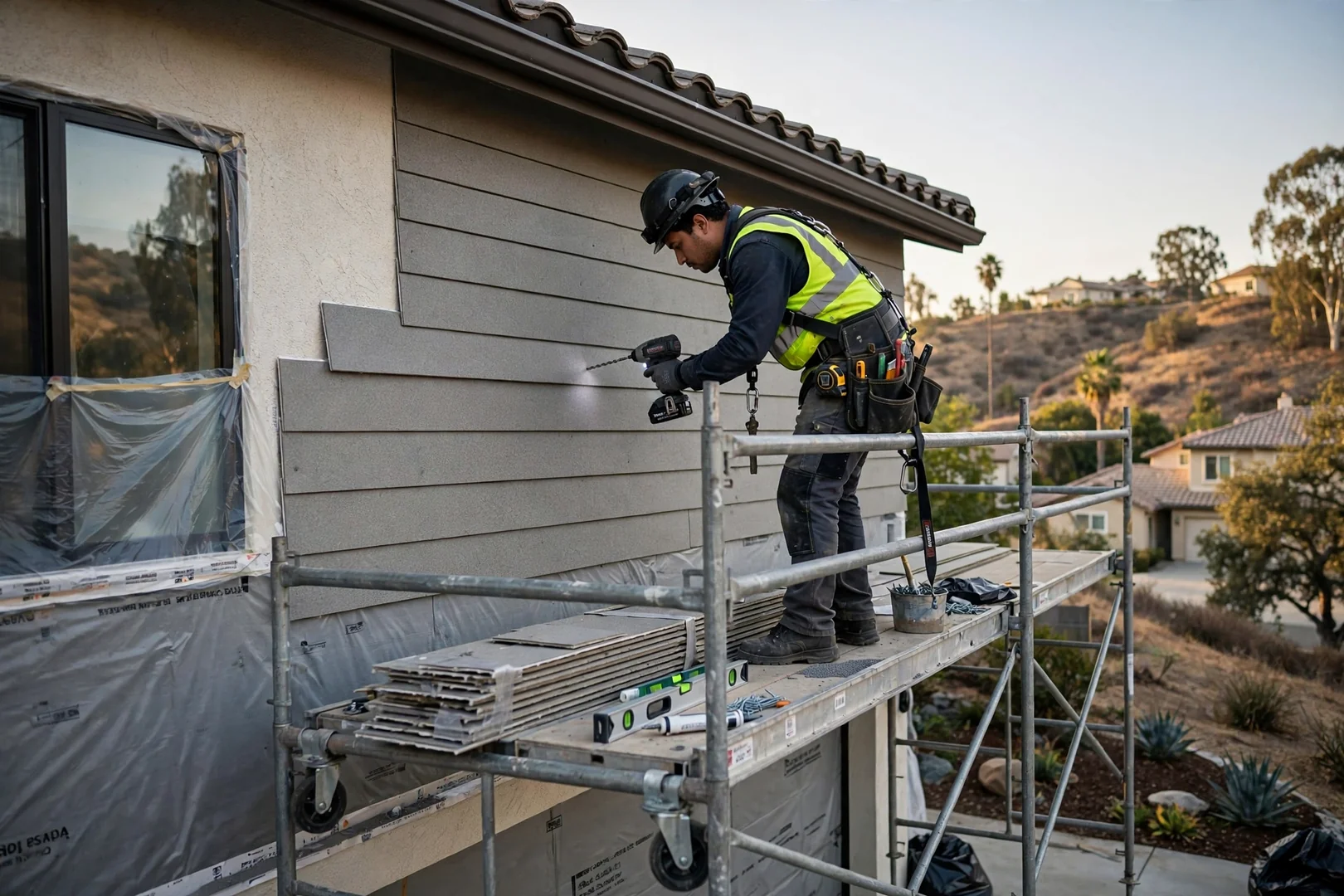 Crew member fastening siding panels from properly set scaffolding along an exterior wall