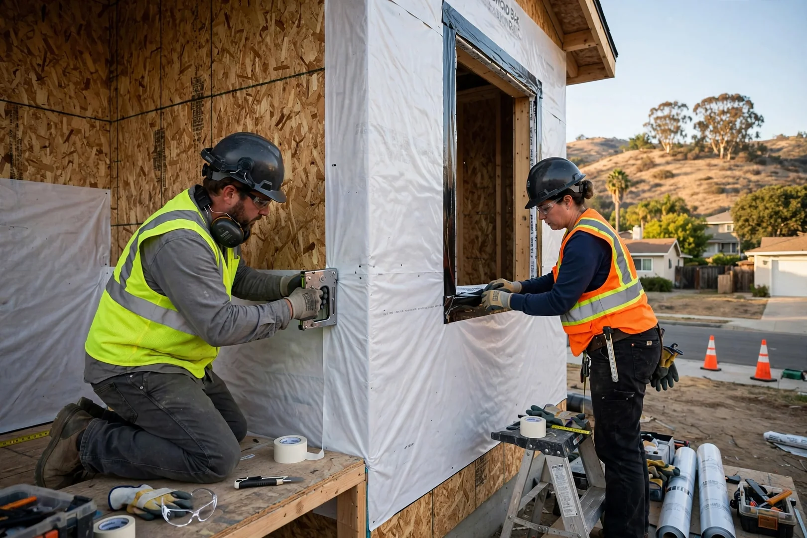 House wrap and flashing installed over sheathing before new cladding goes up