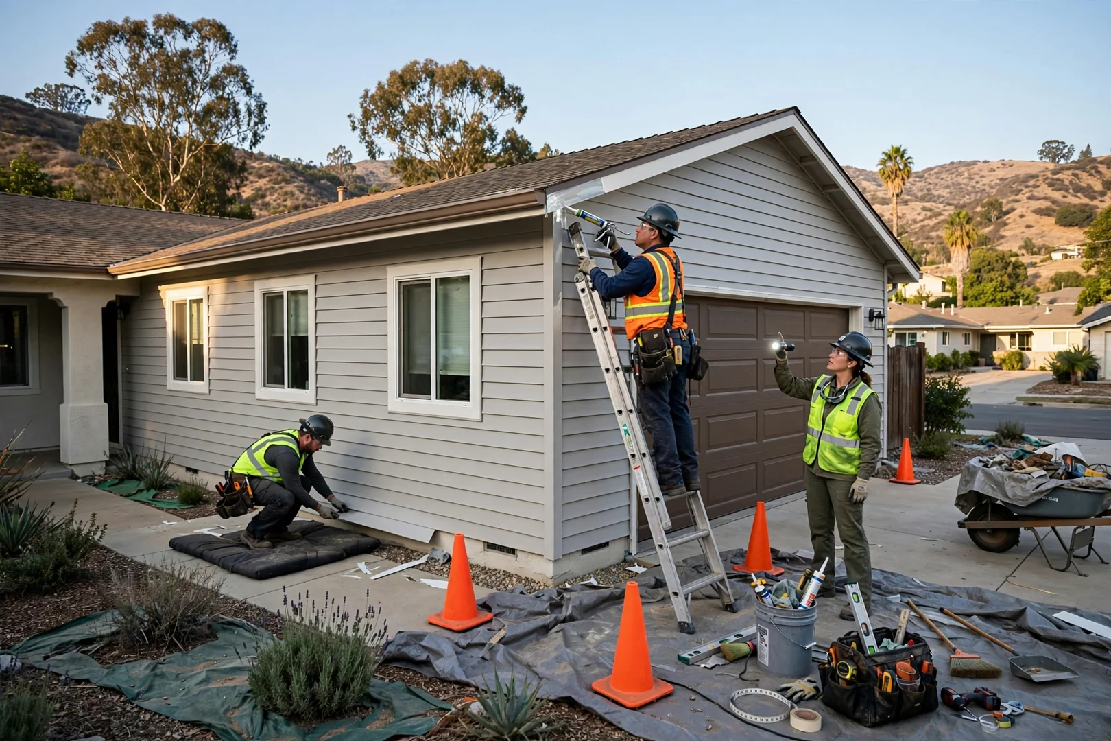 Wide view of finished vinyl siding on a suburban single-story California ranch home