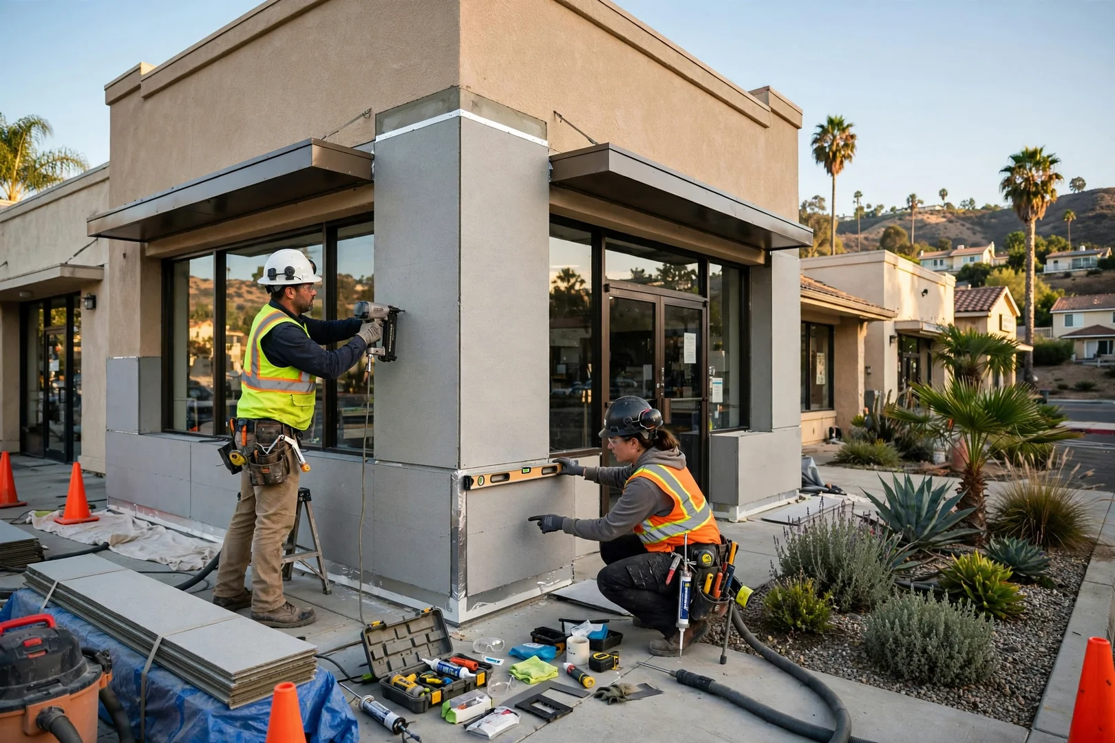 Small commercial storefront exterior with newly installed fiber cement panels and clean jobsite