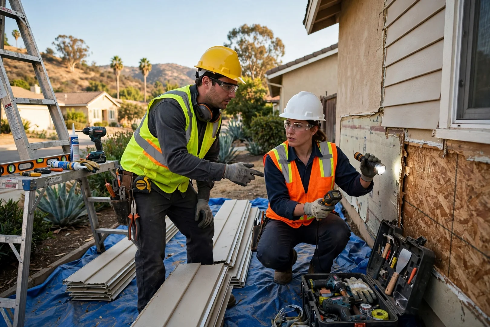Siding crew reviewing fastener layout and safety gear at a Diamond Bar home exterior