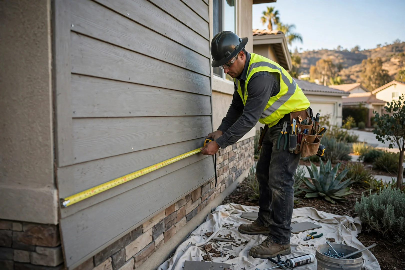 Siding installer checking fastener spacing on fiber cement lap siding at a Diamond Bar home