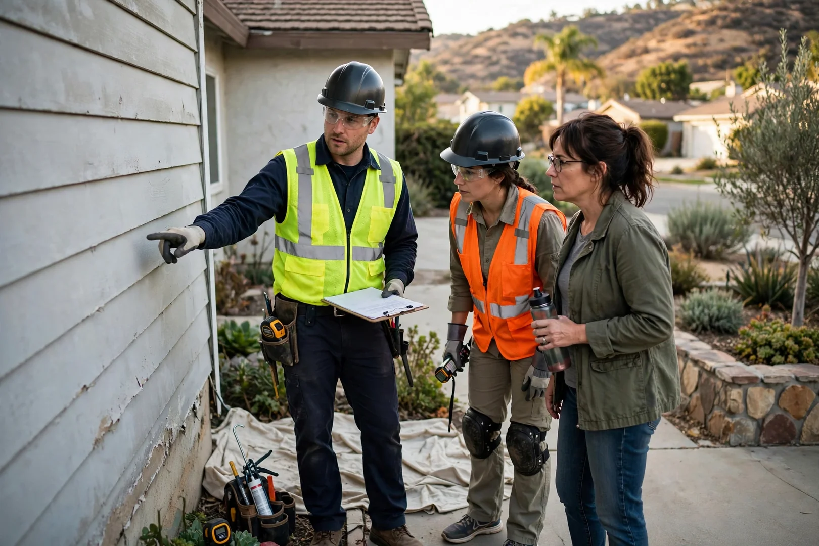 Crew reviewing written siding estimate with homeowner during exterior wall inspection walkthrough