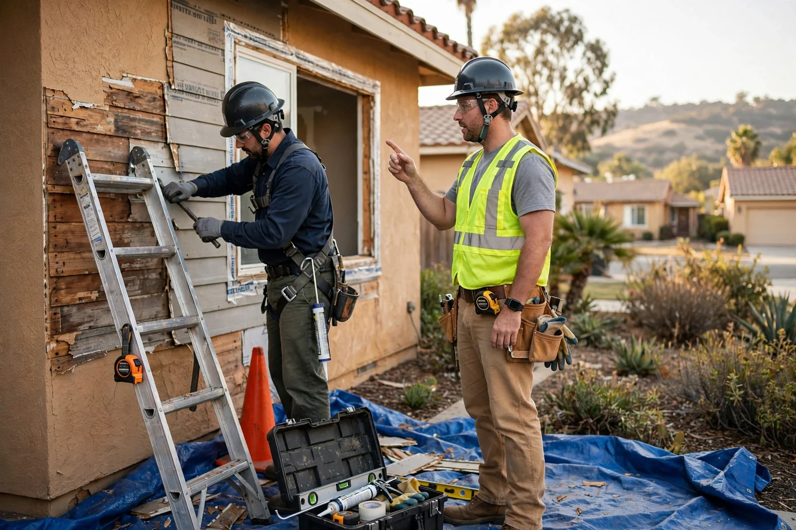 Technician checking flashing and sheathing during a siding replacement on a Diamond Bar residential exterior wall