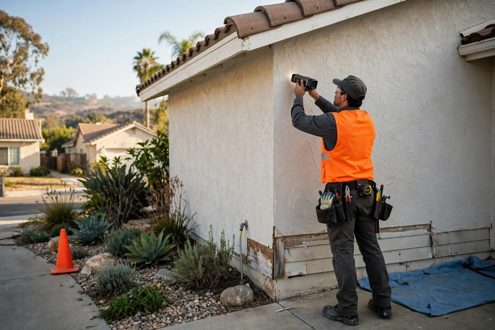 Contractor measuring exterior wall elevation to prepare a written siding replacement estimate