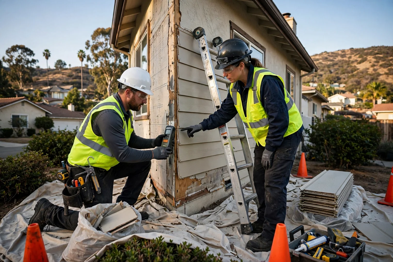 Siding crew installing new lap panels over house wrap on a Diamond Bar hillside home