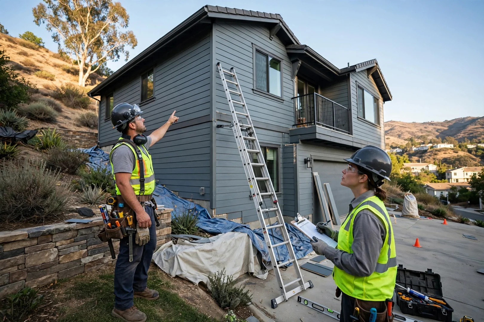Completed two-story hillside home with new fiber cement lap siding in Diamond Bar