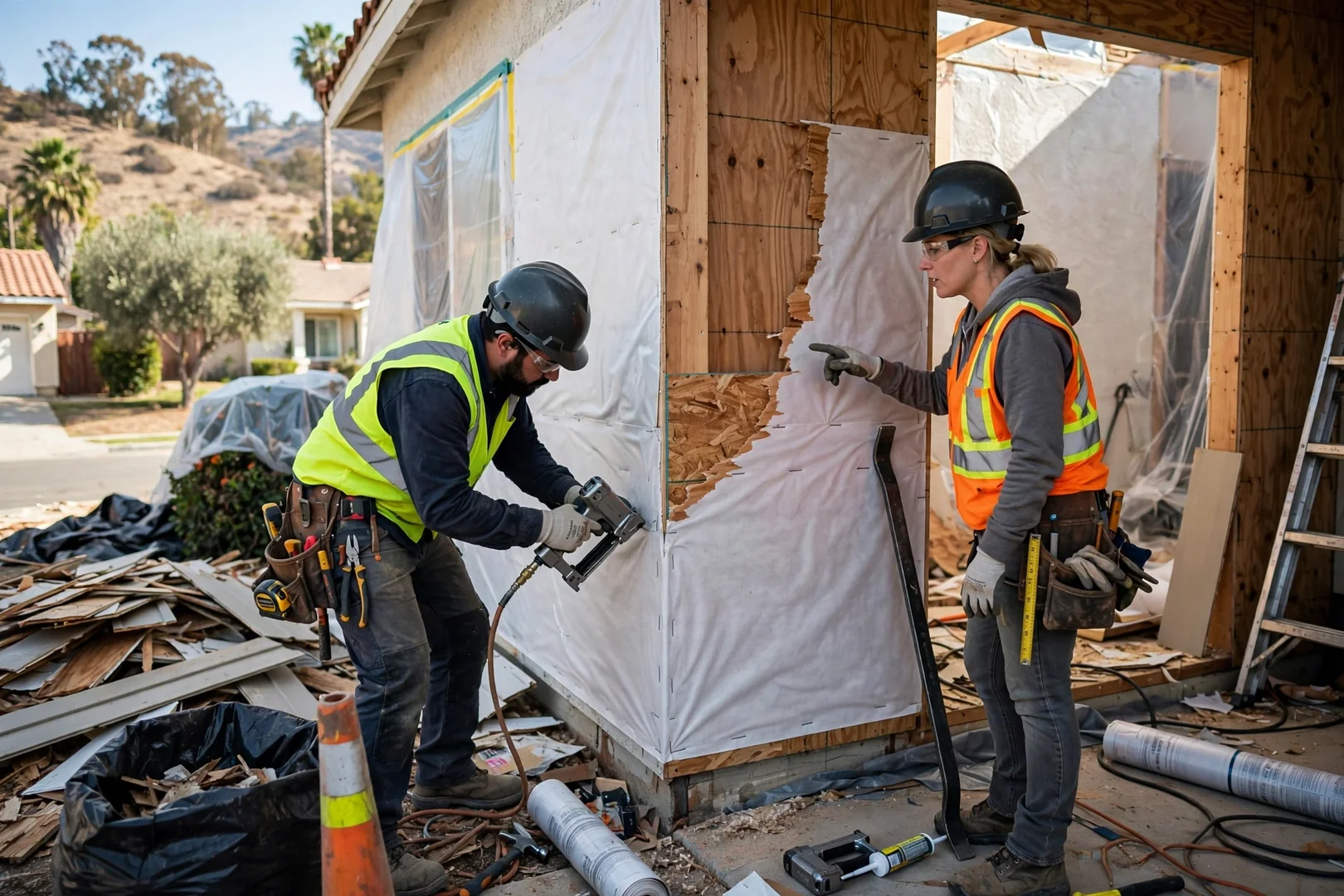 Exposed wall showing replaced sheathing and house wrap during a siding tear-off