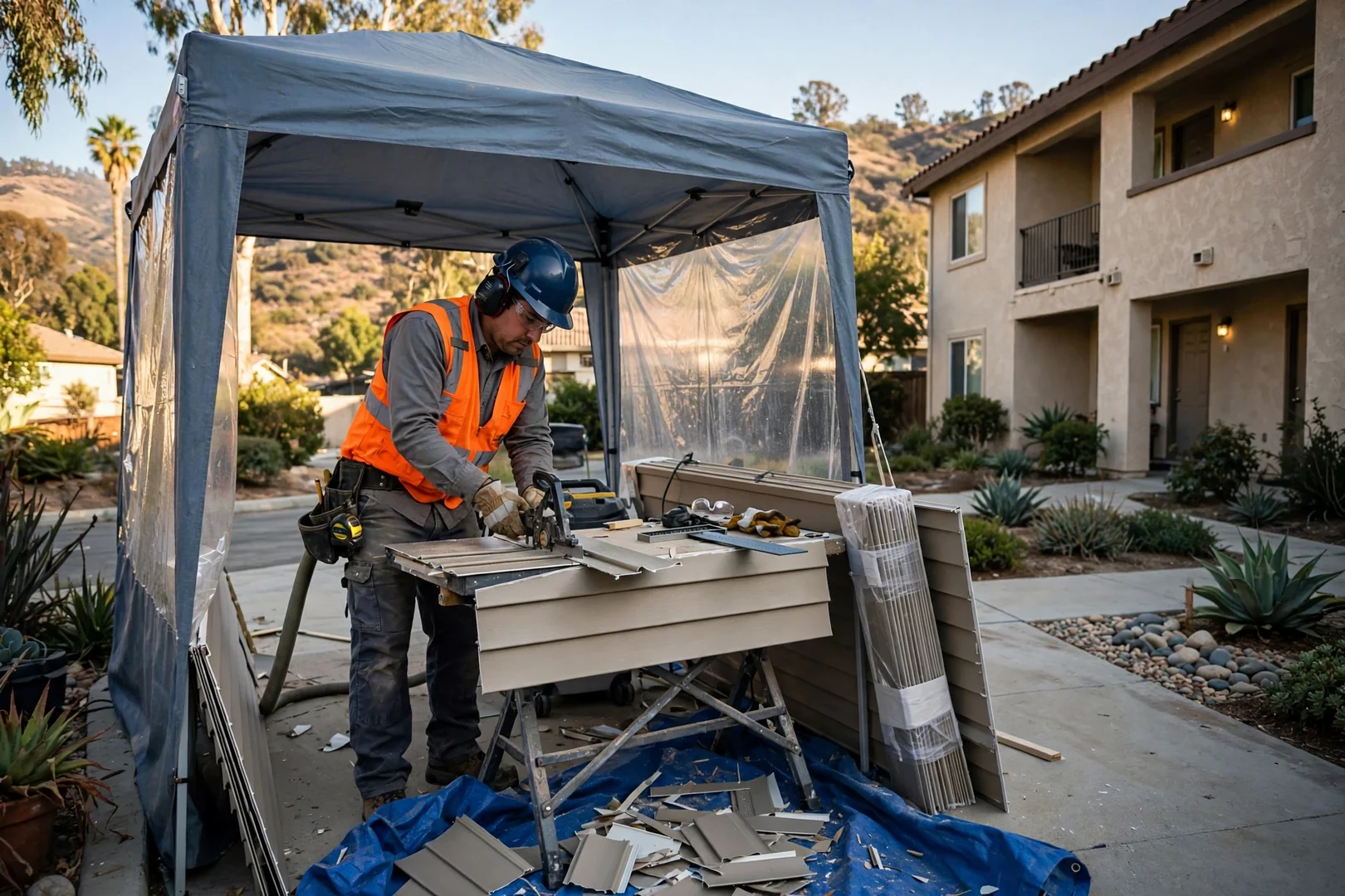 Crew member cutting vinyl siding panels at a protected work station beside a multi-unit building