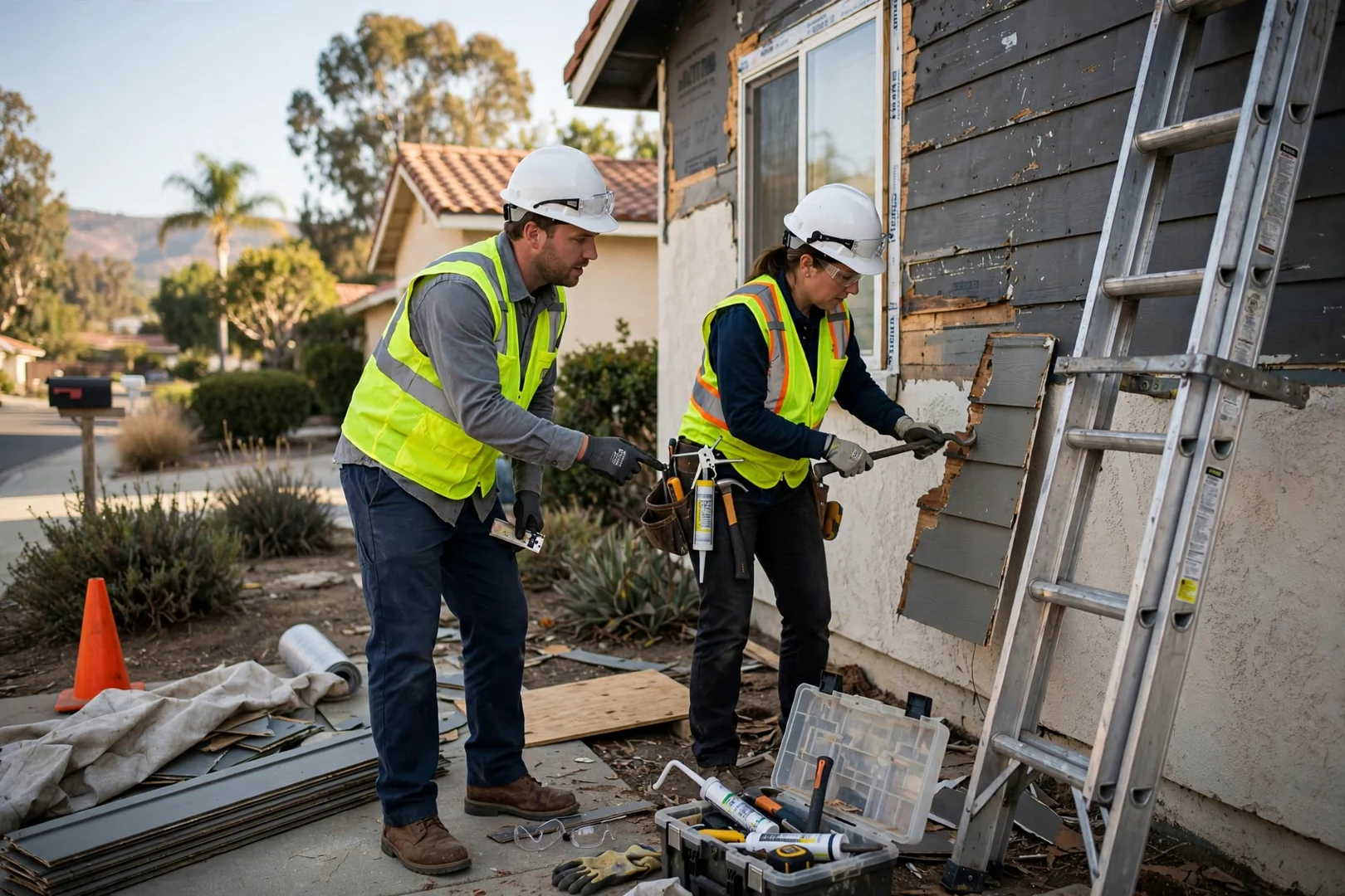 Trained siding installer setting flashing and fasteners with scaffolding staged beside a local home