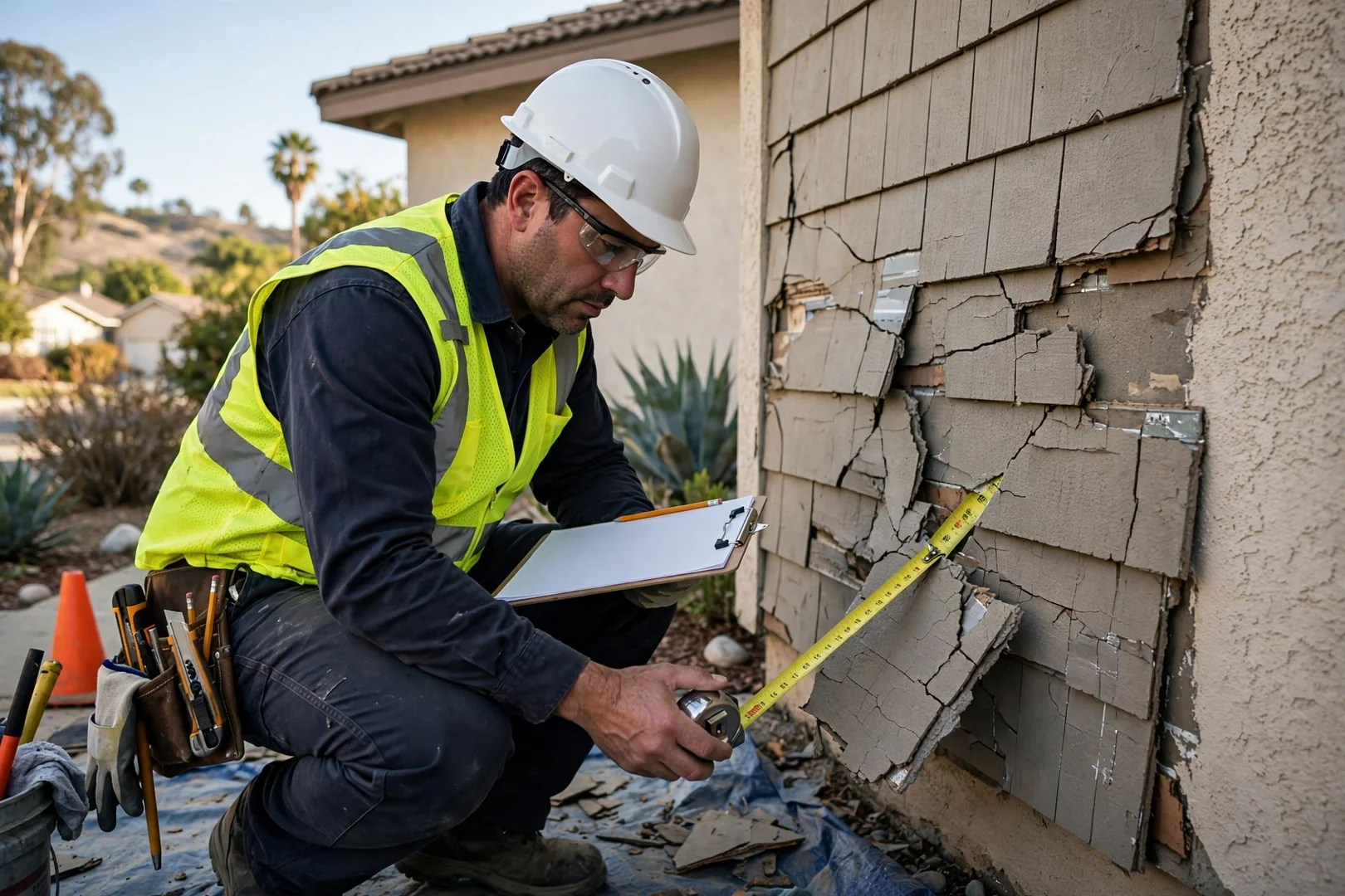 Contractor measuring damaged fiber cement panels while preparing a written siding repair estimate