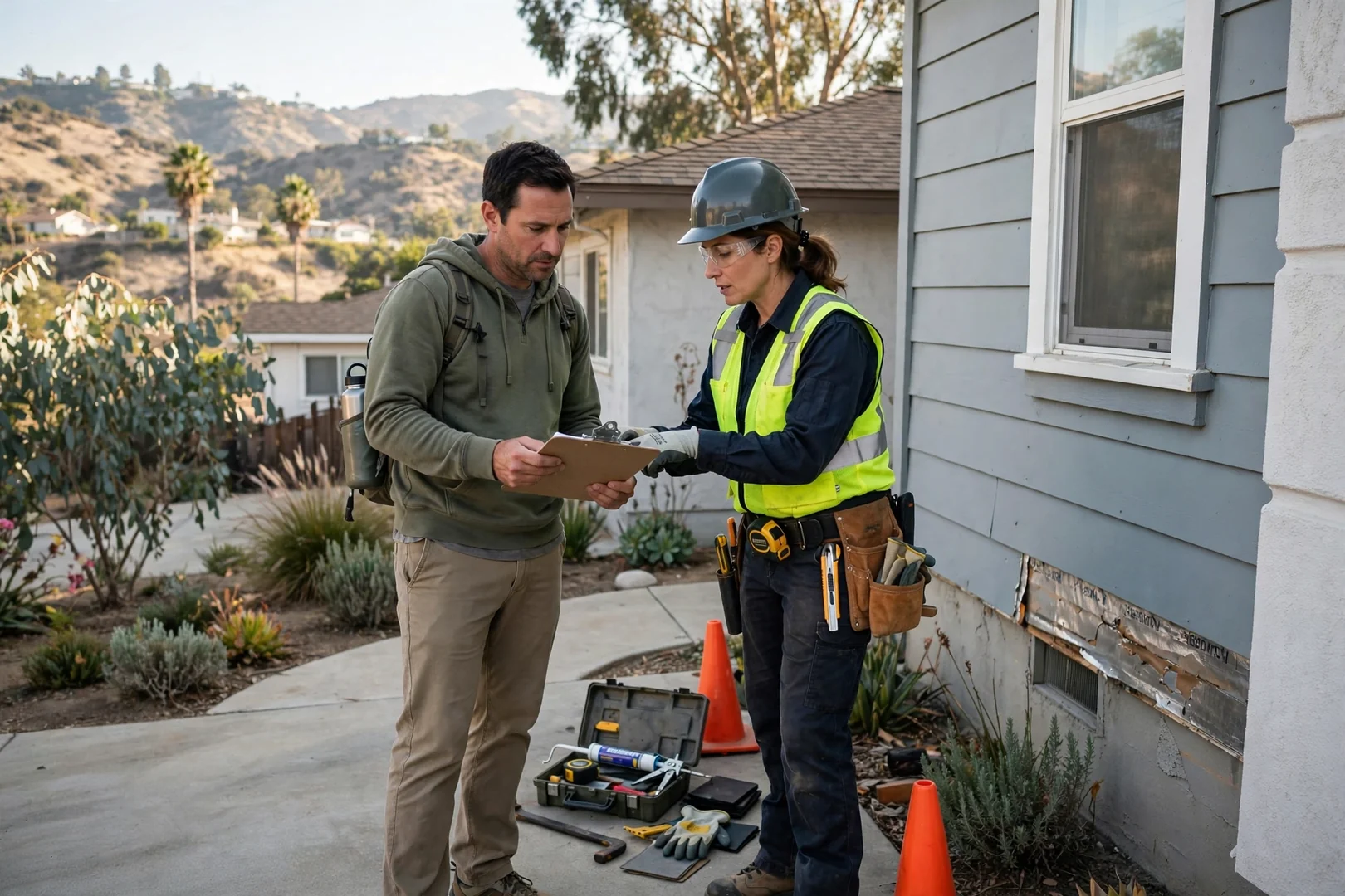 Homeowner and siding technician reviewing repair pricing options beside a Diamond Bar home exterior