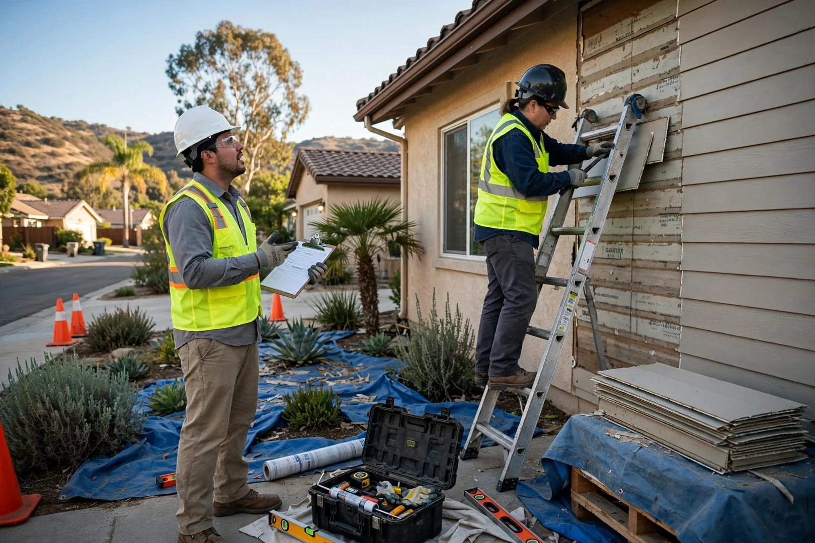 Technician replacing damaged fiber cement siding panels on a Diamond Bar home exterior wall