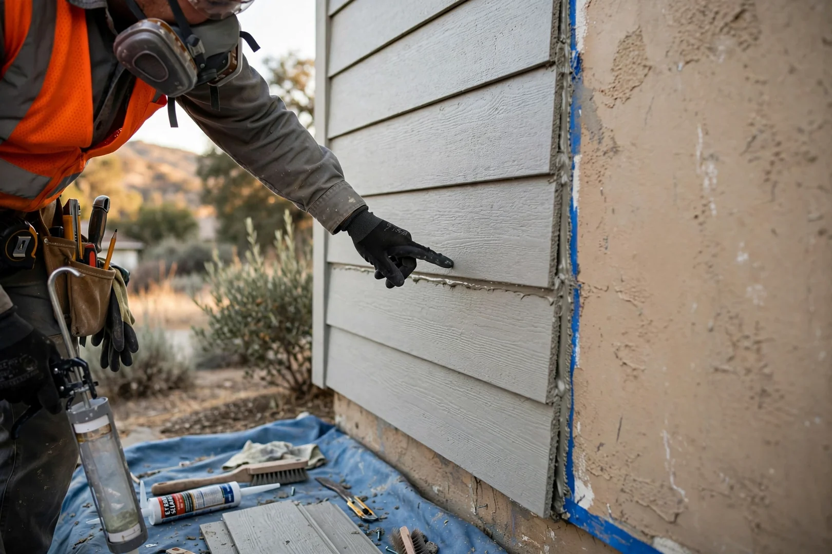 Close-up of replaced fiber cement lap siding blended into an existing painted wall