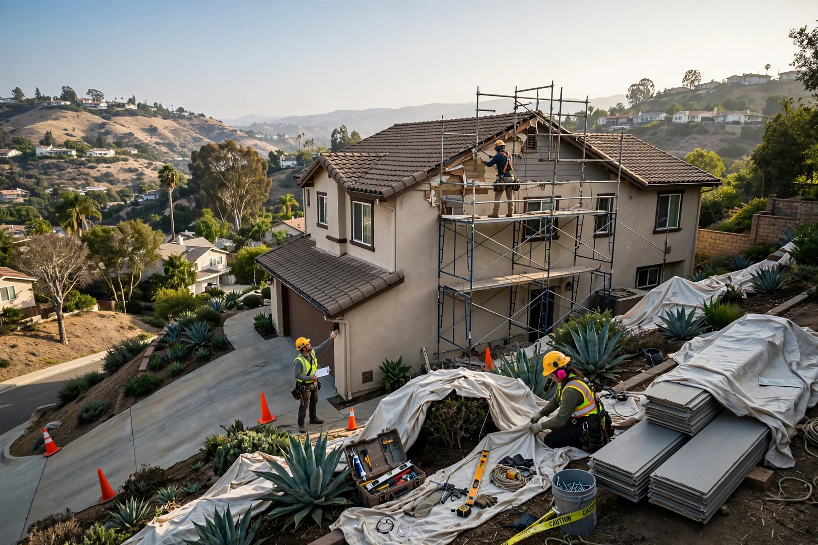 Wide view of a hillside home with scaffolding staged for upper gable siding repair