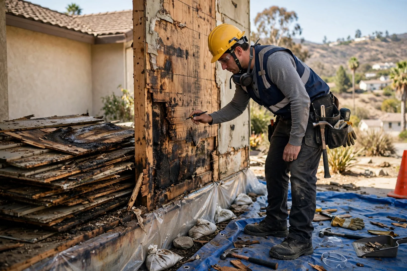 Water-damaged siding boards removed to expose sheathing before substrate repair begins