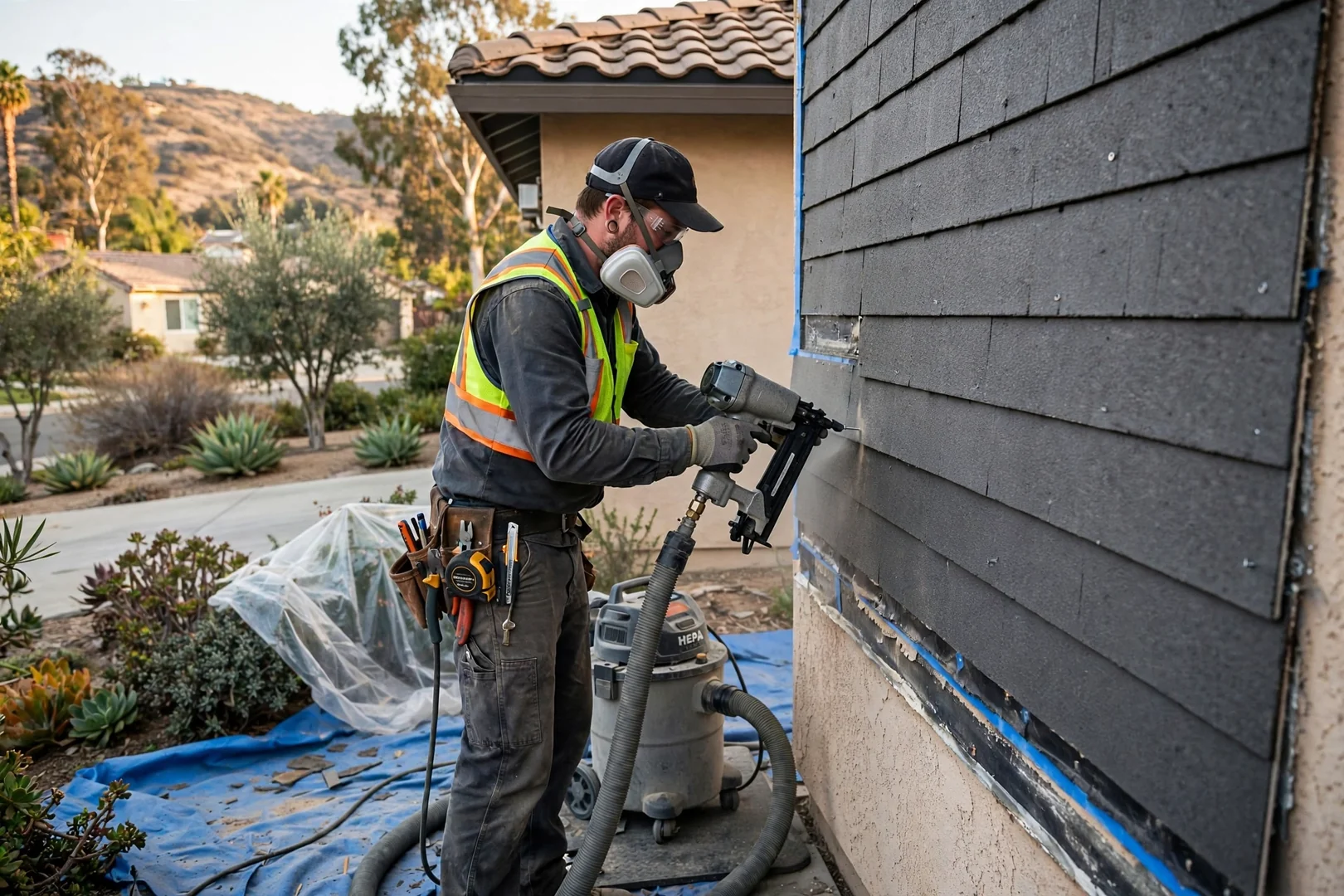 Technician blind-nailing a replacement panel with dust control equipment on a residential exterior