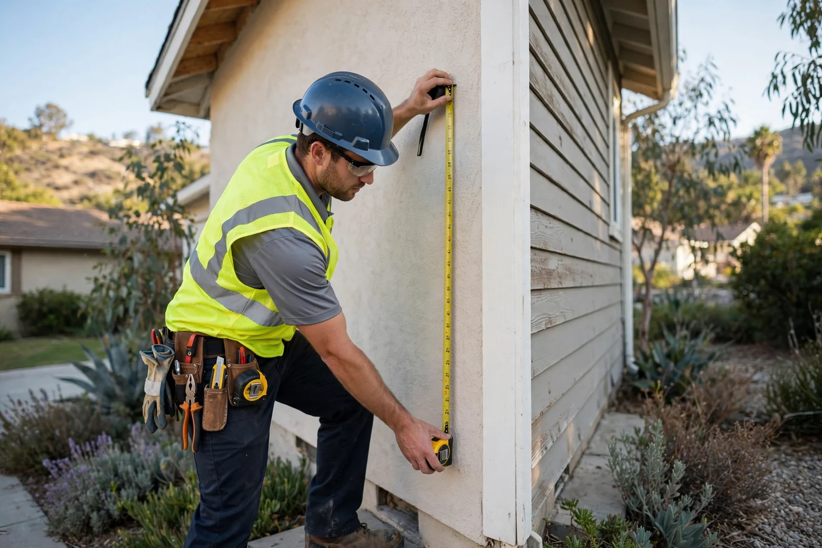 Contractor measuring exterior wall while preparing a vinyl siding estimate for a Diamond Bar home