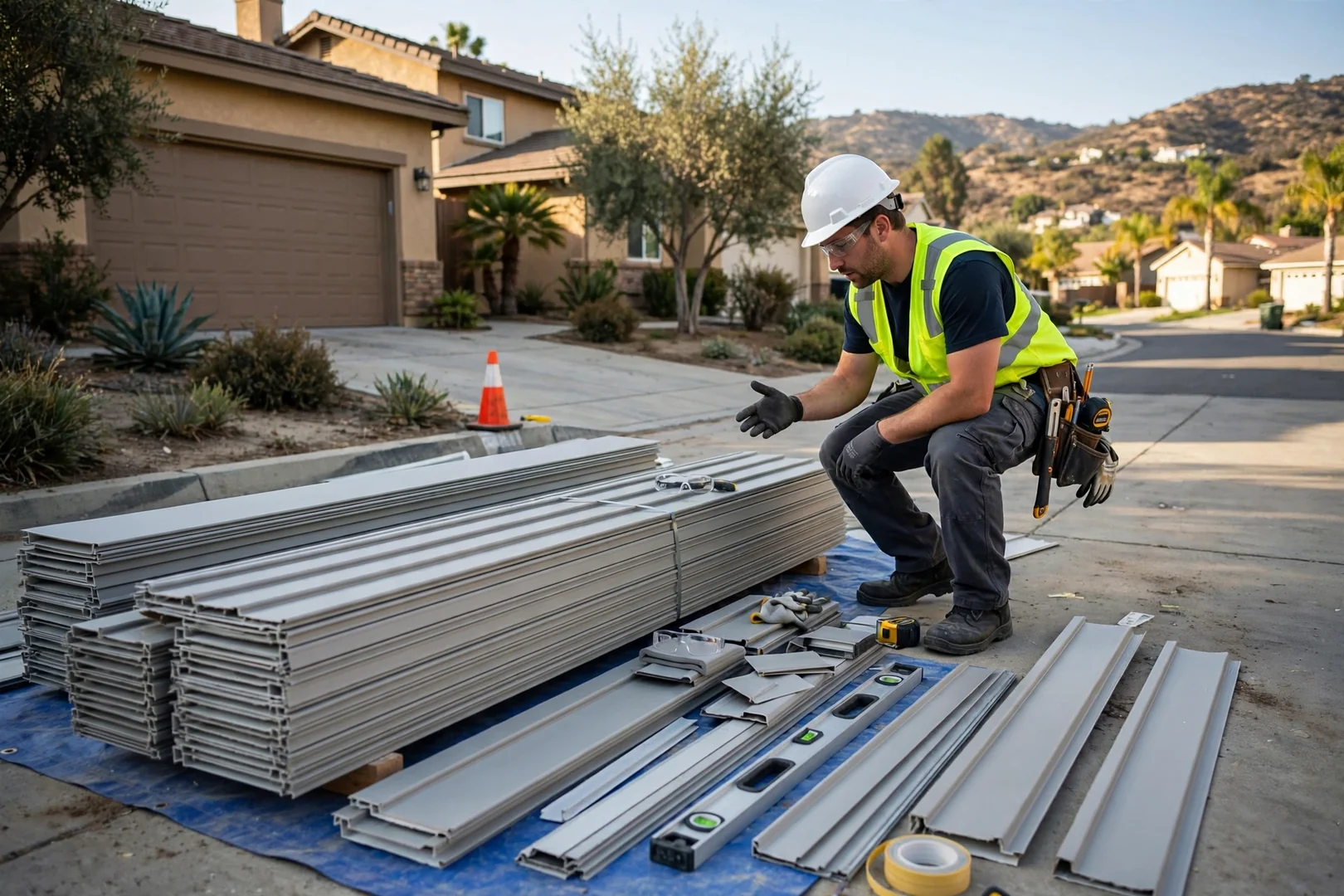 Stacked vinyl siding panels and trim pieces staged on a residential driveway before installation
