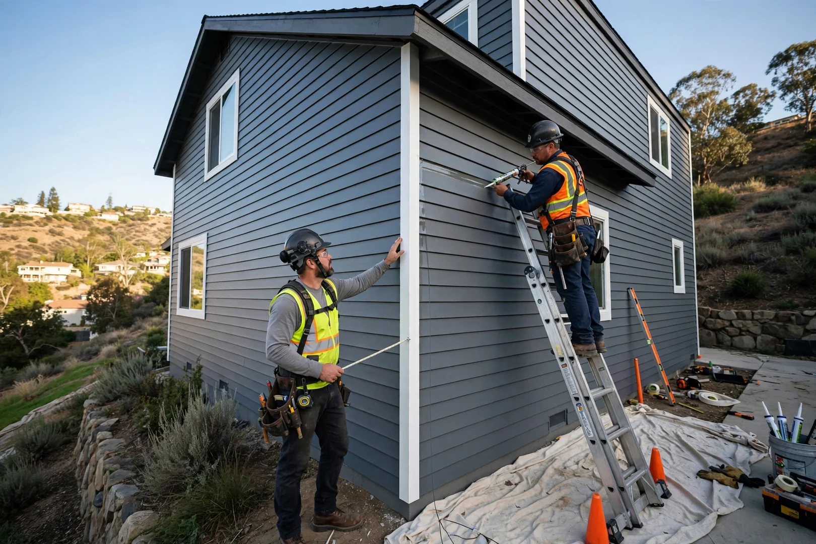 Finished horizontal vinyl lap siding with crisp corner posts on a two-story hillside home