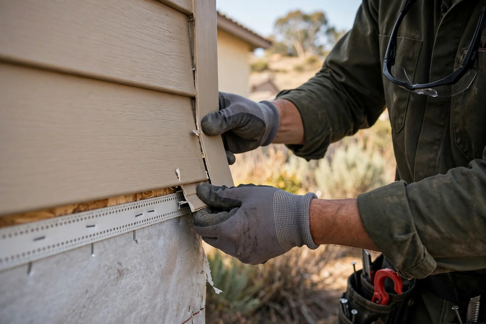Close-up of starter strip and panel lock engagement during vinyl siding installation