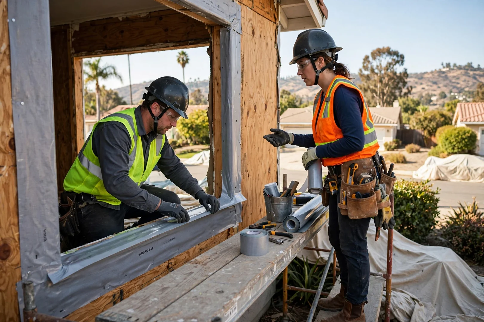 Crew installing house wrap and flashing tape around a window opening after siding tear-off